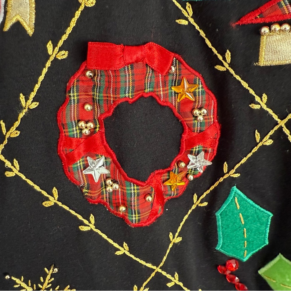 Christmas Shirt Women’s Large Black with Embroidery Festive Holiday Beading - Picture 5 of 7
